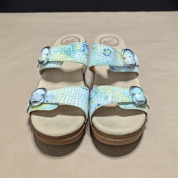 Dansko Sophie Sandals Double Strap Snake Print Yellow Blue Green Womens 10 Boho - Picture 6 of 9